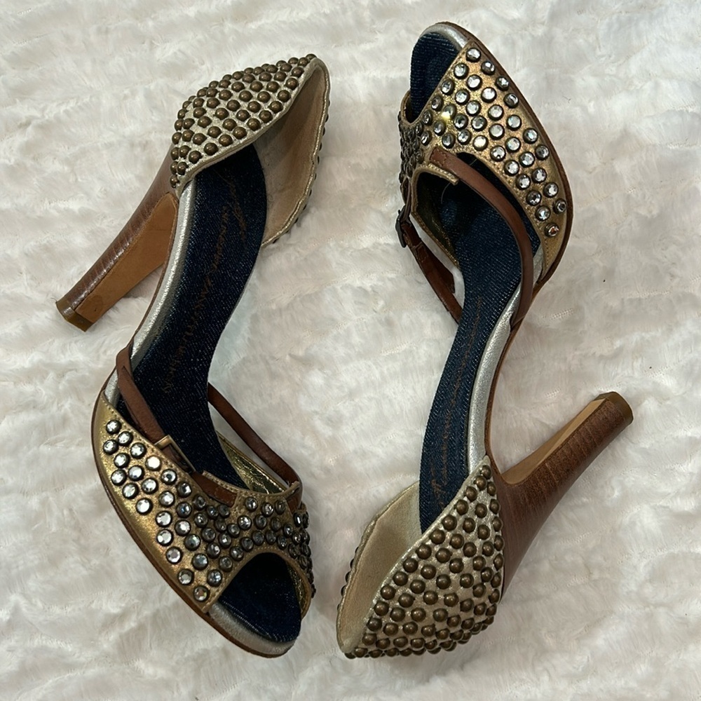 Giuseppe Zanotti Rhinestone Studded Bronze And Brown w Denim Insole Sandals 6.5